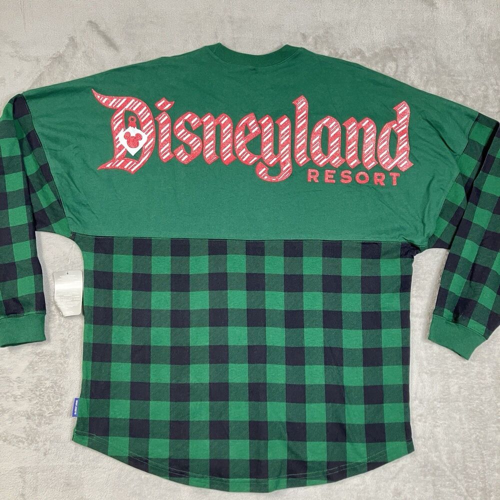 Disneyland Spirit Jersey Adult L Green Black Buffalo Plaid Christmas Holiday Top